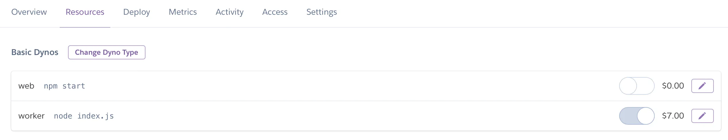Heroku resources tab