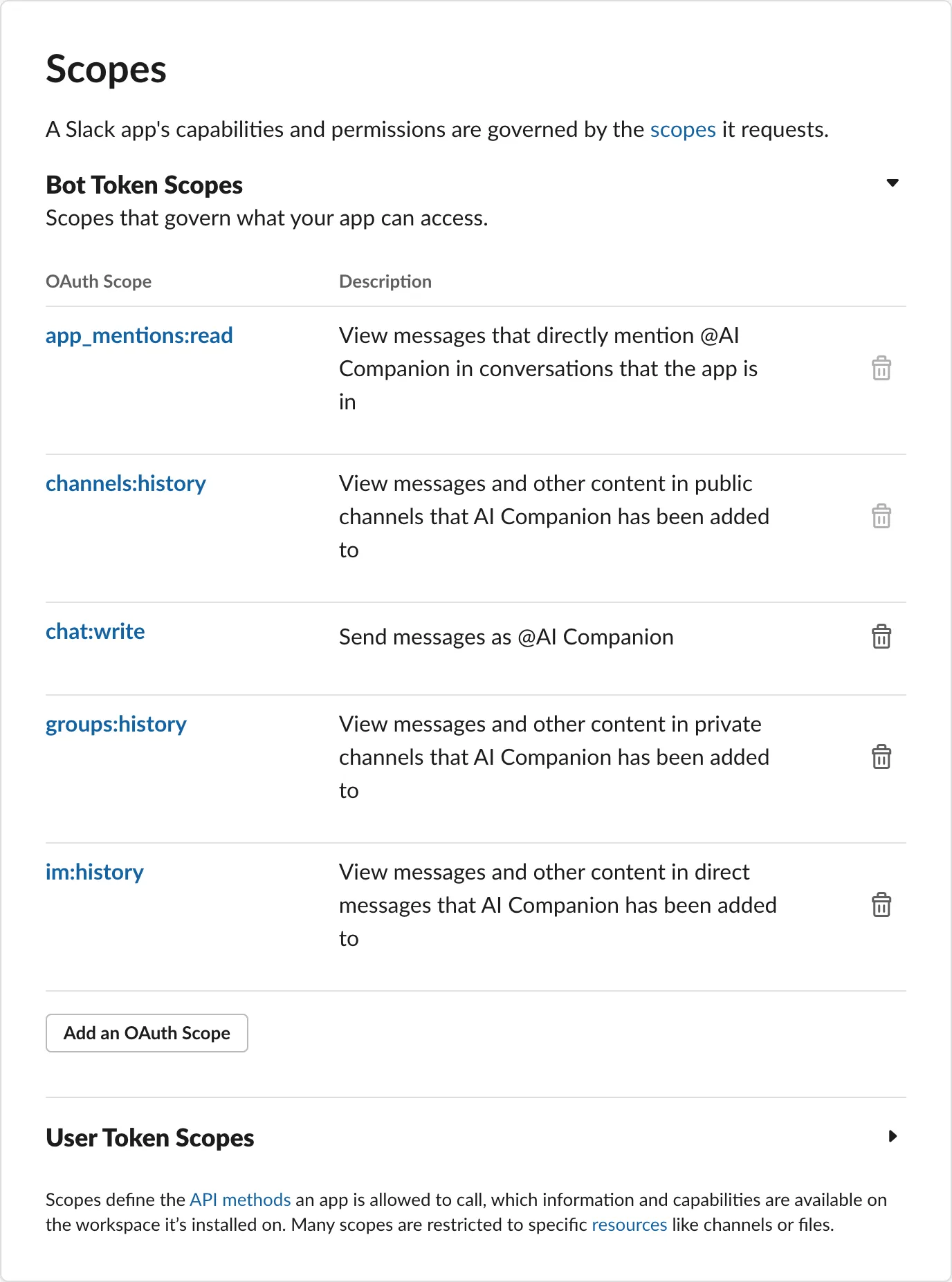 Slack app Scopes section