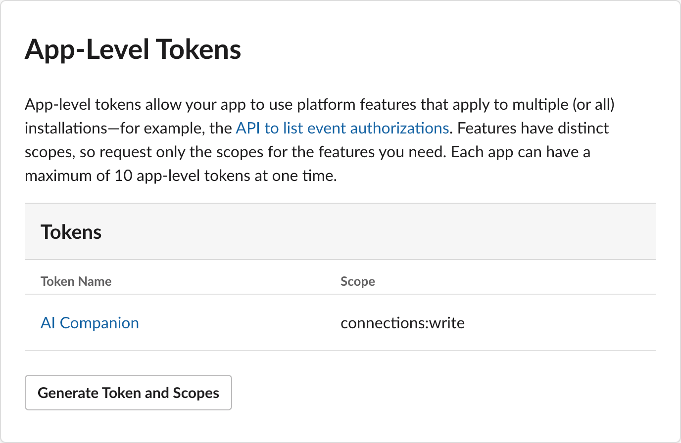 Slack app-level tokens